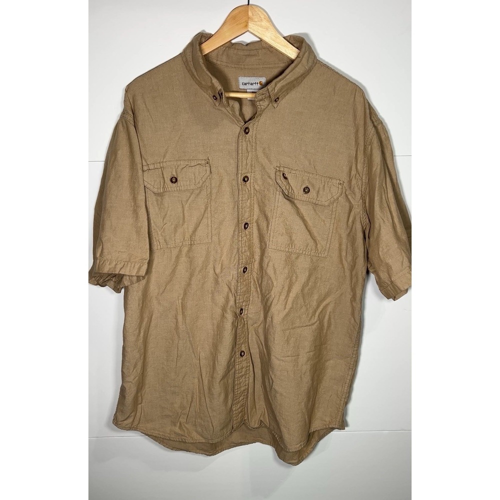 Carhartt Men's Tan Short Sleeve Button Up Work Shirt‎ Dual Pocket